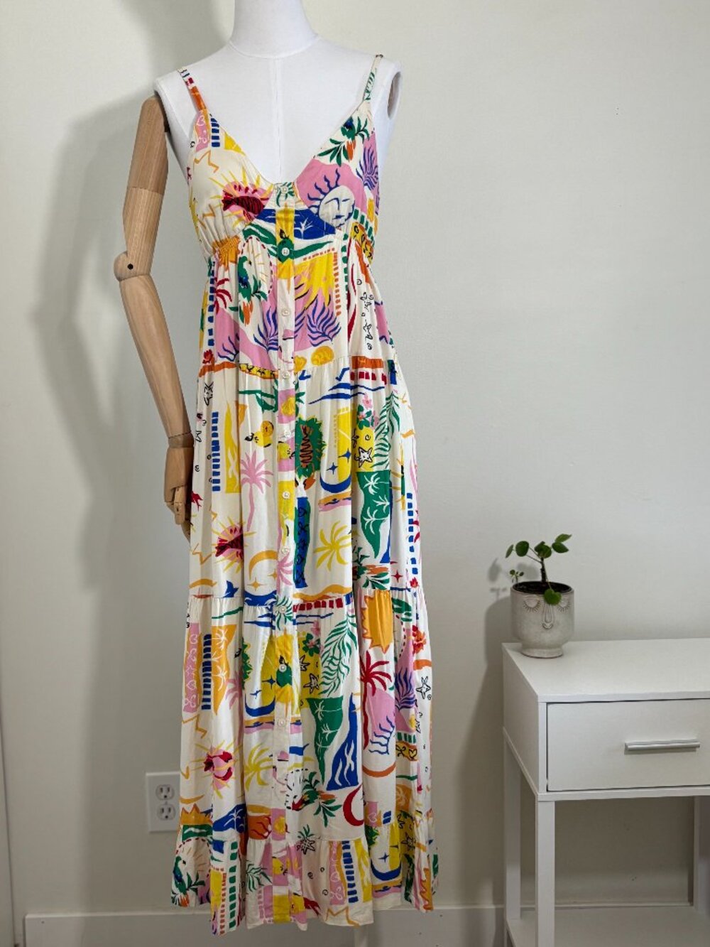 🏝️NWOT Japna Colorful Resort Print Maxi Dress Open Back Size S
